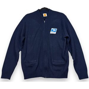 Vintage USPS A+ SAI Full Zip Knit Sweater Jacket Mens L Navy Blue Uniform USA